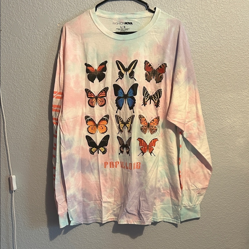 Fashion Nova Butterfly Long Sleeve Tee - Pastel Tie-Dye